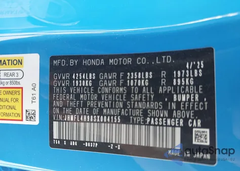 2025 Honda Civic Hybrid Sport Touring from USA, damaged, VIN JHMFL4H98SX004155